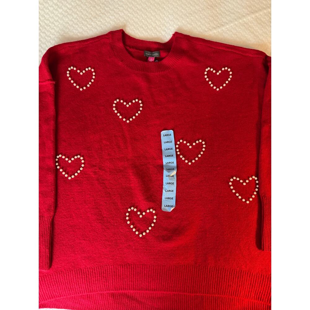 Vince Camuto Women L Red Heart Pattern Pullover Sweater